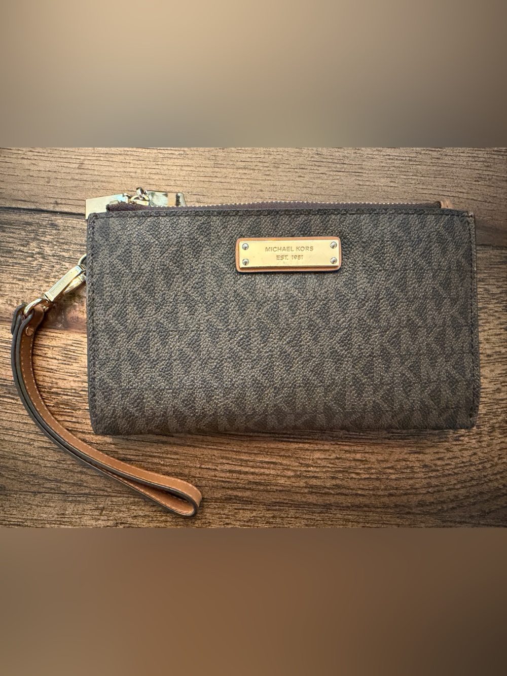Michael Kors Brown Monogram Wristlet with Gold Plaque Double Zipper Card Holder